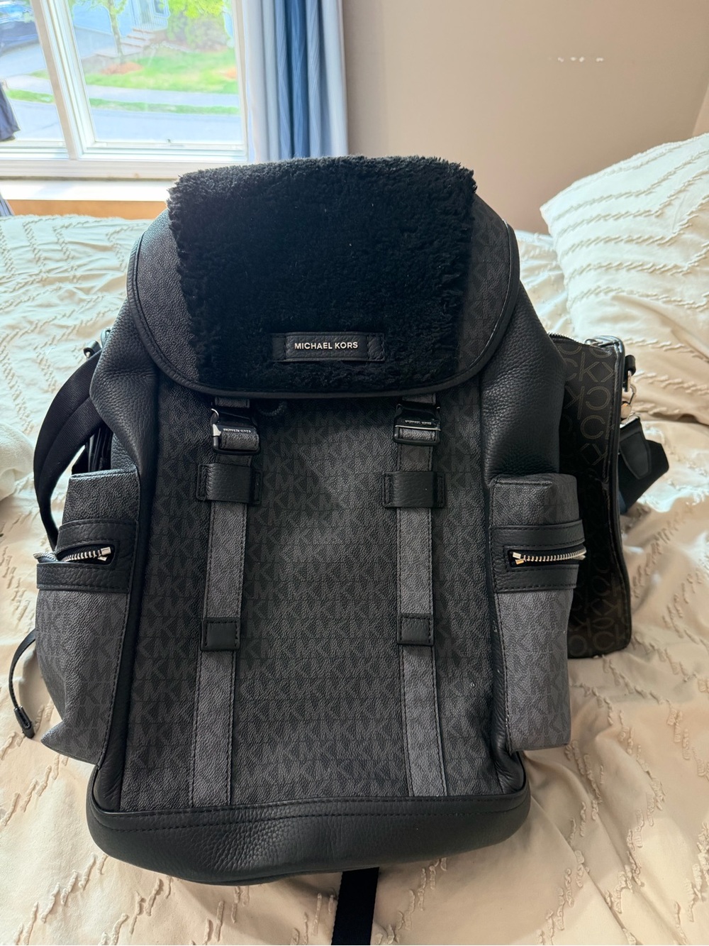 Michael Kors Black Logo Backpack with Shearling-Trim Flap - Picture 1 of 1